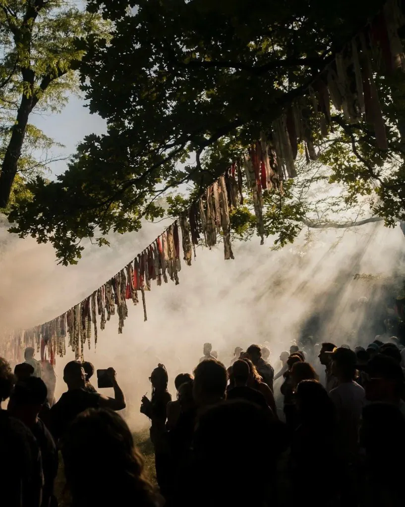 Festival crowd silhouettes with golden sunbeams and bunting through the trees